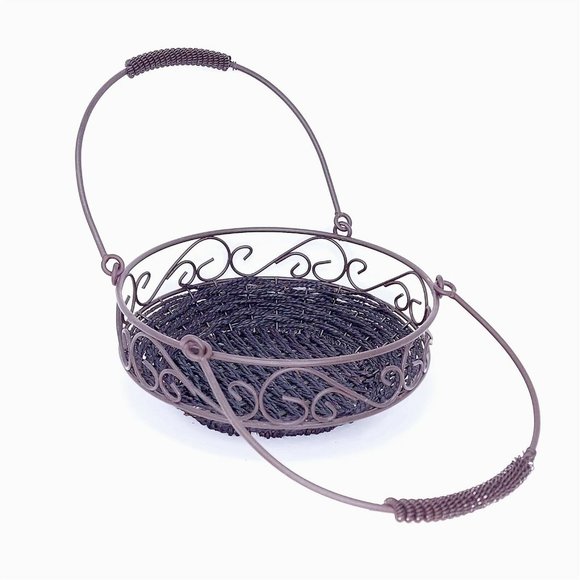 Basket Tote Planter Centerpiece Metal Wicker Double Folding Handle Vintage Decor - Picture 5 of 9